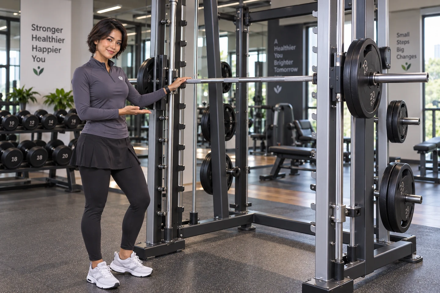 Karakter AktivitasSehat berdiri di samping Smith Machine untuk menunjukkan bentuk alat dan rel pemandunya