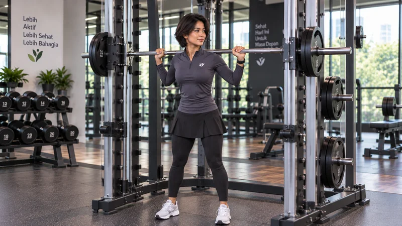 Karakter AktivitasSehat berdiri dengan posisi awal squat di dalam Smith Machine