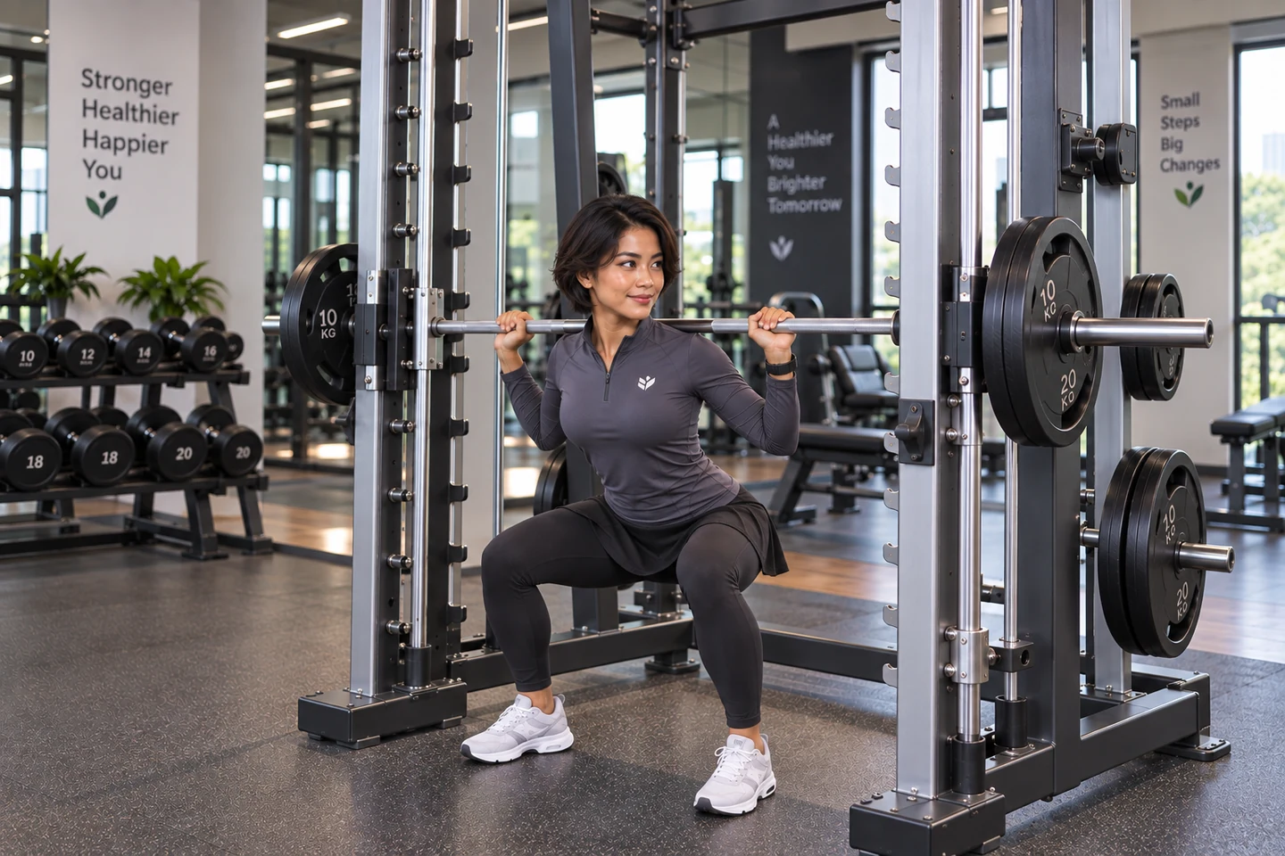 Karakter AktivitasSehat melakukan squat terkontrol dengan bar pada Smith Machine