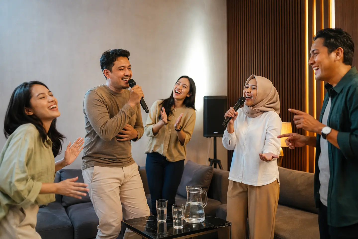 Lima orang teman bernyanyi dan karaoke bersama dengan suasana hangat serta air putih di meja