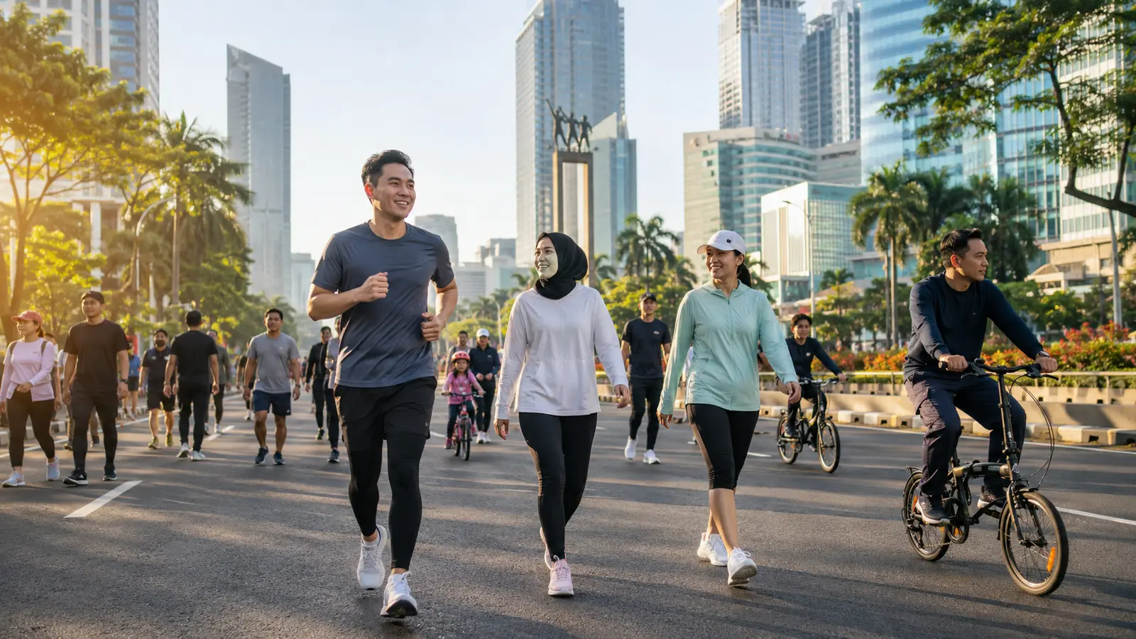 Warga berjalan, jogging, dan bersepeda pada pagi hari di kawasan Sudirman–Thamrin Jakarta