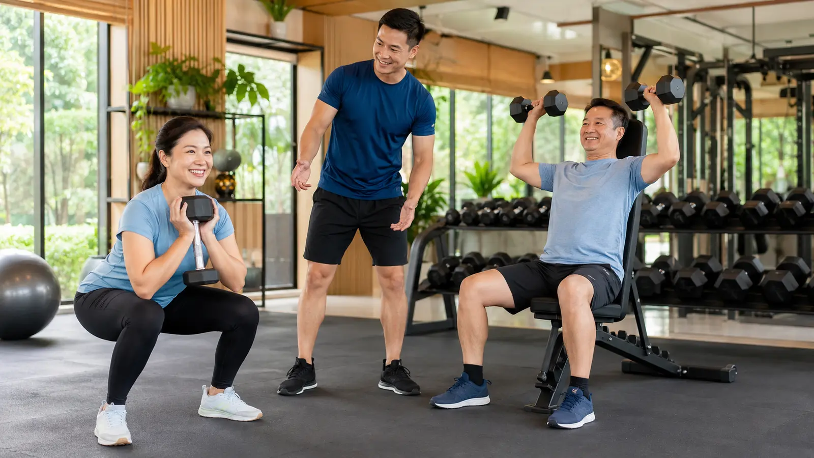 Dua orang dewasa berlatih kekuatan dengan dumbbell di bawah pengawasan trainer dalam suasana gym yang ceria
