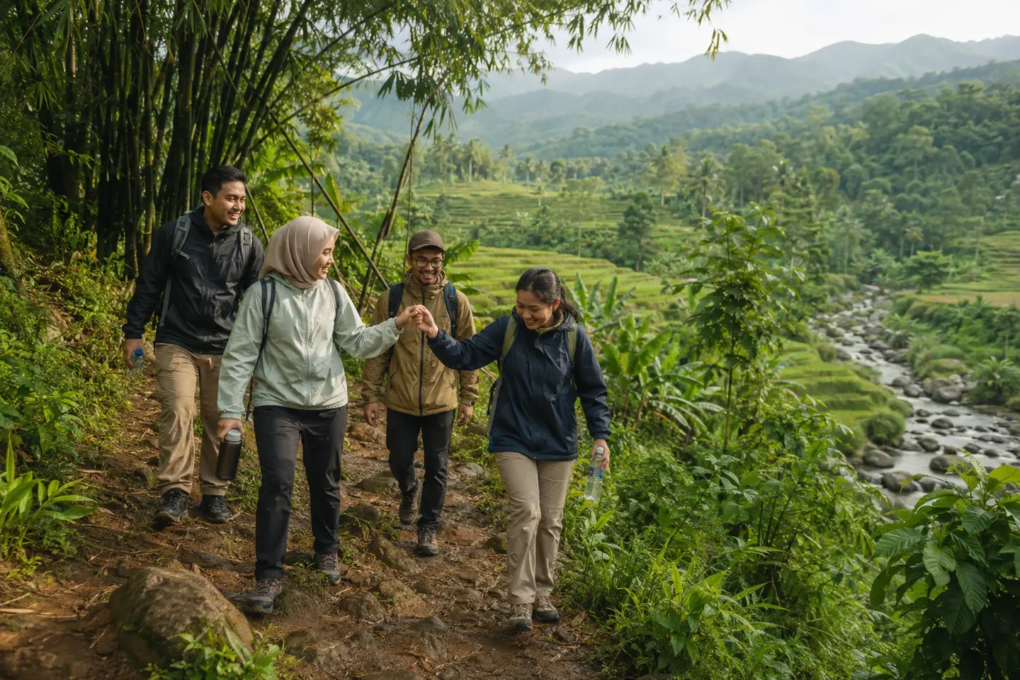 Empat teman trekking bersama di jalur hijau Sentul dengan sawah dan aliran sungai