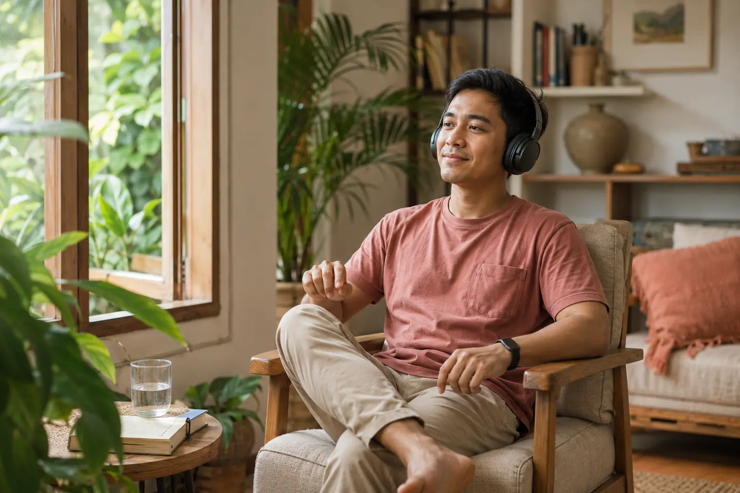 Seorang pria mendengarkan musik dengan headphone pada volume nyaman di dekat jendela