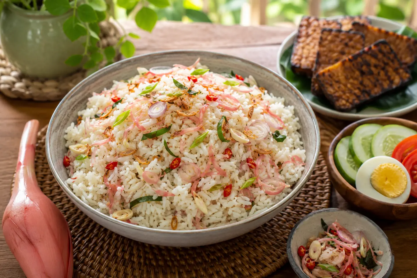 Nasi kecombrang dengan irisan bunga kecombrang, rempah, tempe, telur, dan sayuran